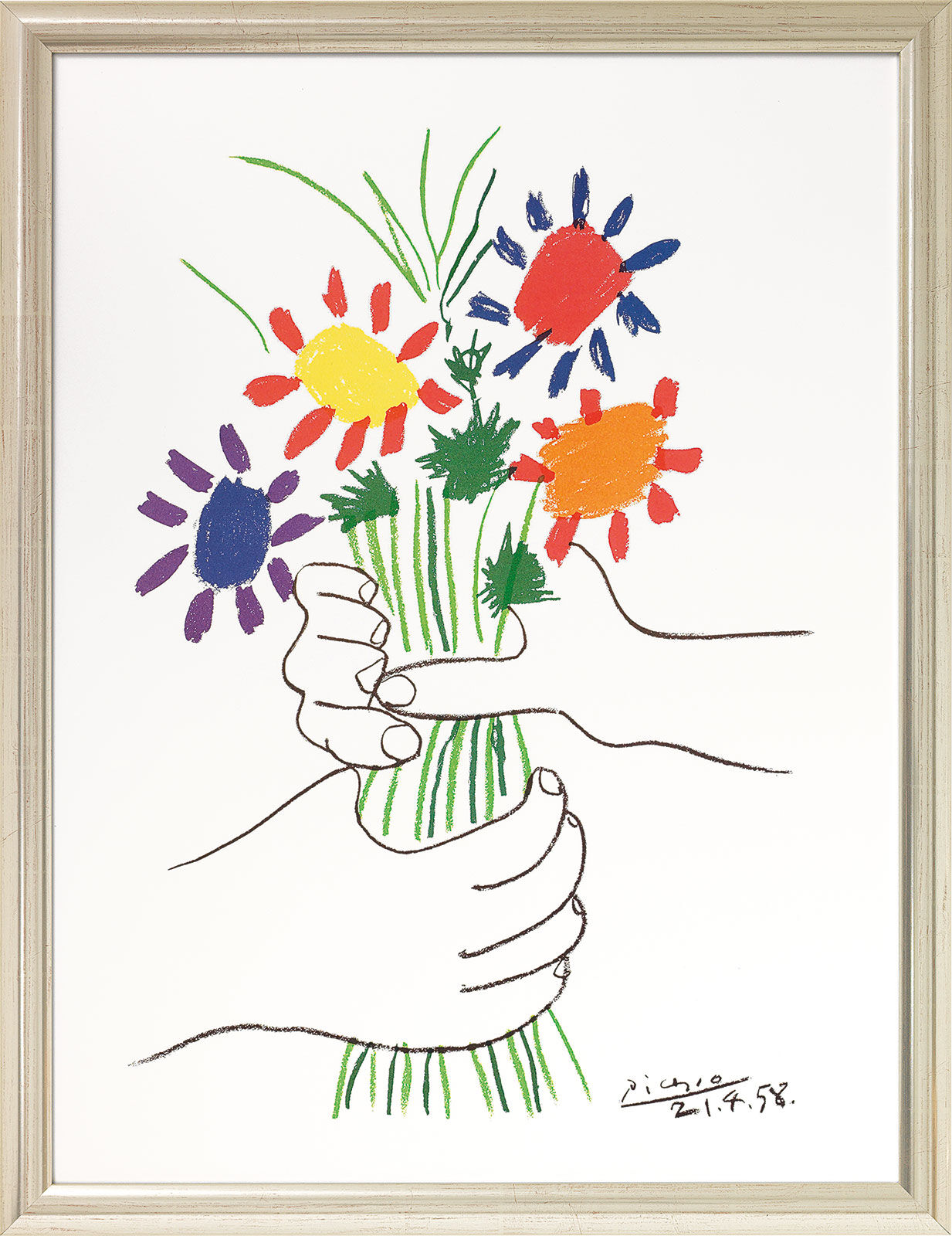 Gemälde "Hände mit Blumenstrauß" (1958), gerahmt – Pablo Picasso