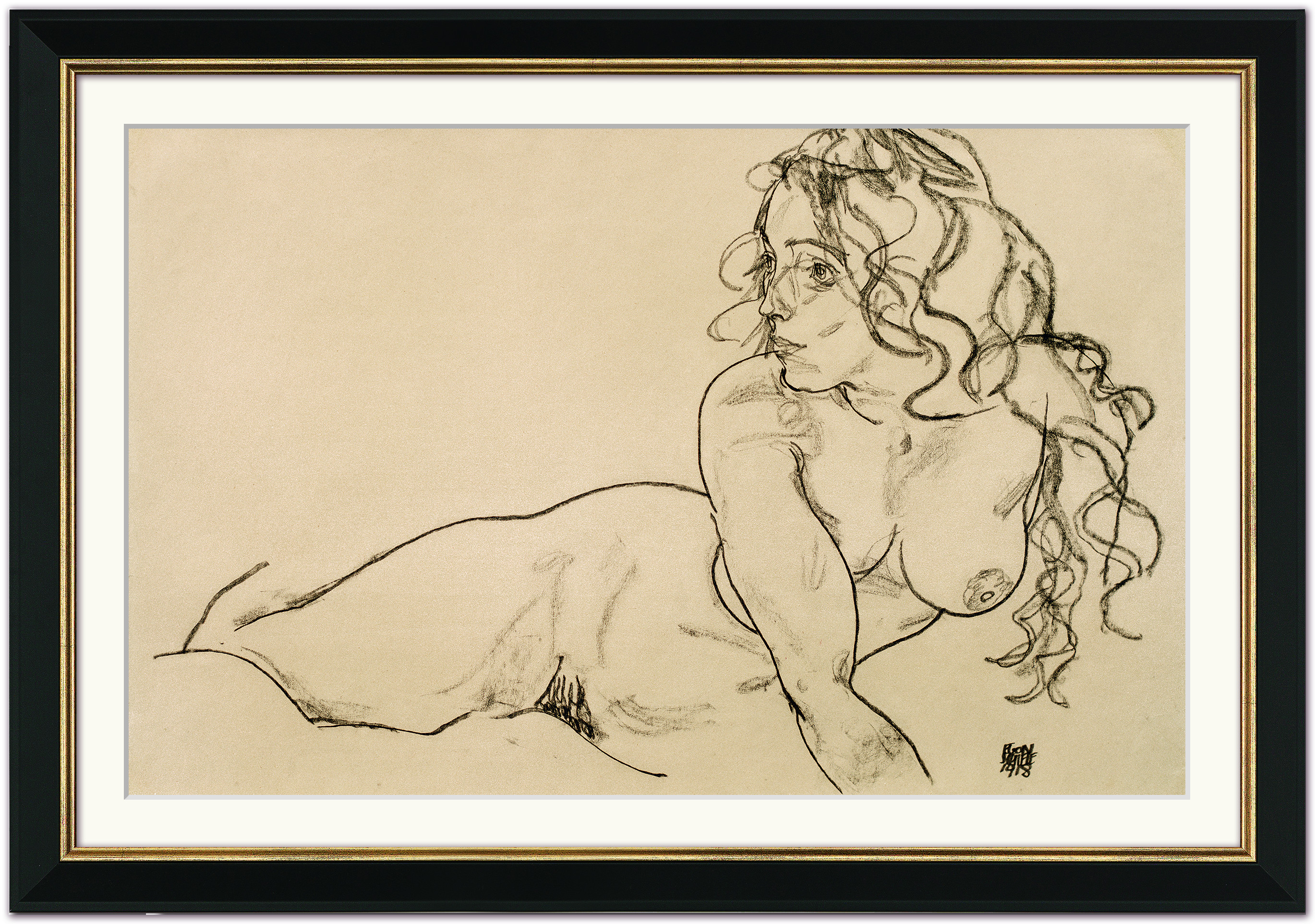 Gemälde Sich aufstützender weiblicher Akt mit langem Haar (1918)- Egon Schiele